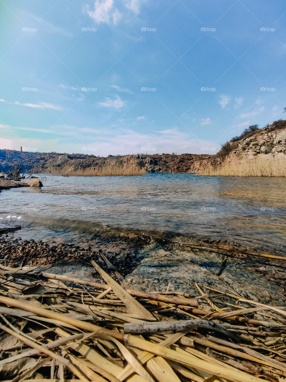 Waves on the water, granite career view, nature landscape