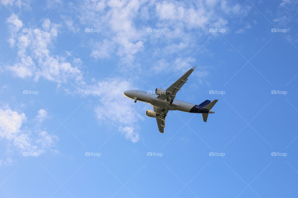 Airplane flies in the blue sky