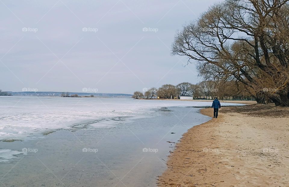 lake shore beautiful nature landscape march and person walking