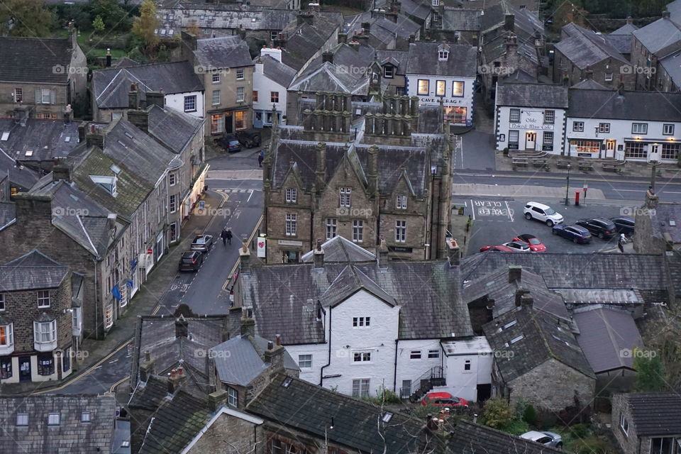 Looking down over Settle Yorkshire.. light is just fading .. windows show lights are being turned on 