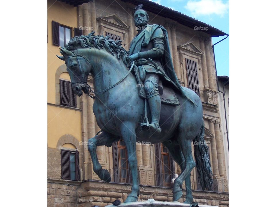 Bronze green statue with bird on head