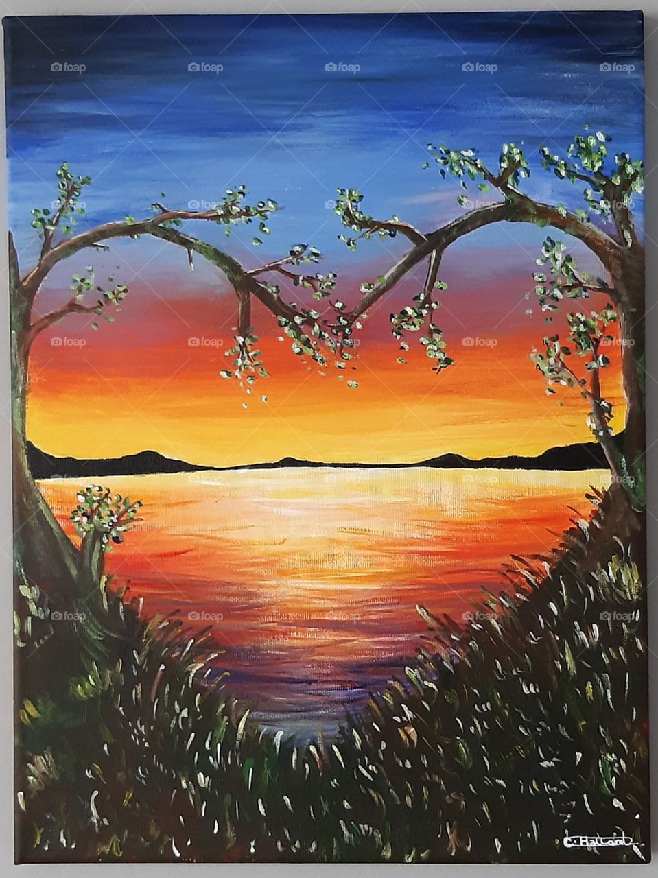 An Acrylic painting showing a beautiful sunset within trees forming a heat. Painted and signed by myself.