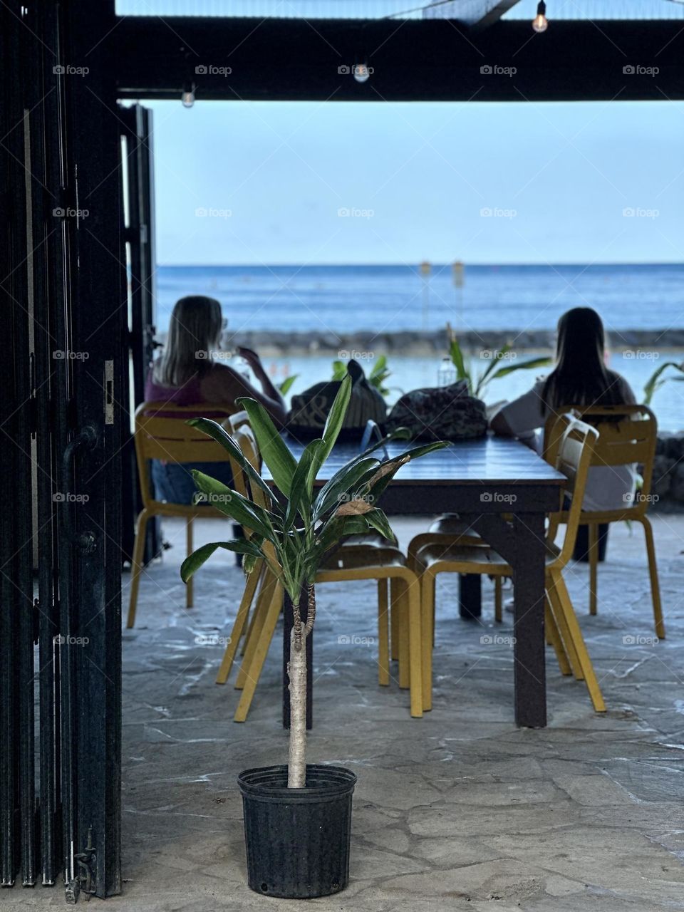 Two visitors relaxing in a beach front cafe watching the waves roll in 