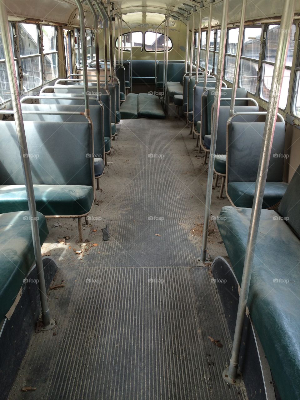 Inside a historic old city bus. 