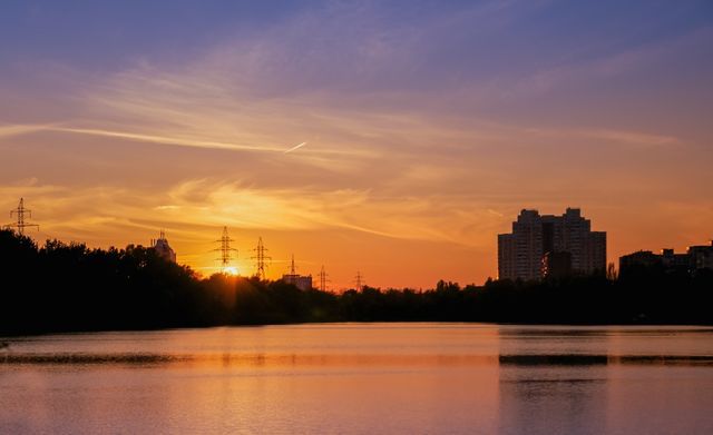 beautiful sunset, bird in sky, beautiful clouds, evening, fog overwater, evaporation, quiet, rest, nature