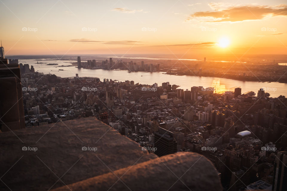 Sunset landscape of the city of Manhattan and Jersey city in New York