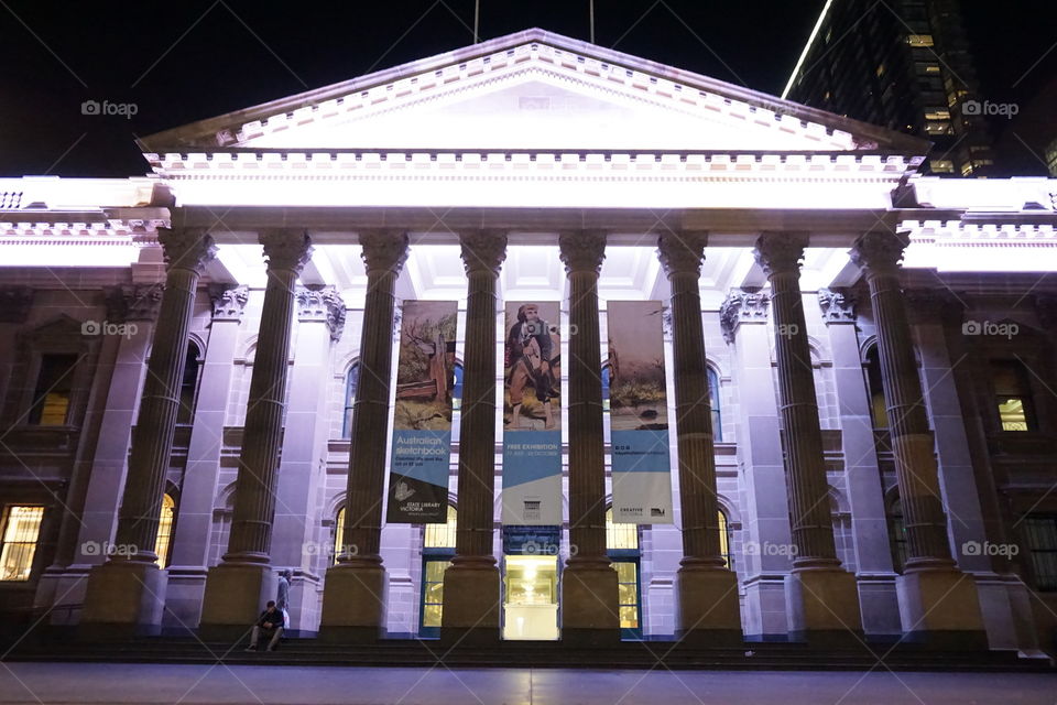 Victorian State Library. Victorian State Library Melbourne Australia at night lit uo with a purple light 