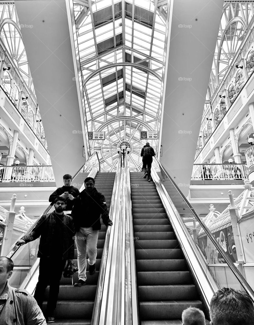 “Down and Up”.  The view up an escalator at the St. Stephen’s Green Shopping Centre in Dublin reveals unique architecture.