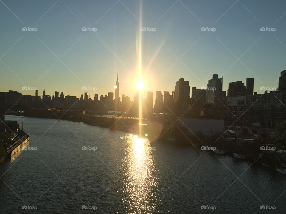 Sunset, City, Water, Dawn, River