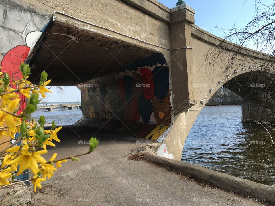 Walking bridge over the grand river in Grand Rapids Michigan on a spring day