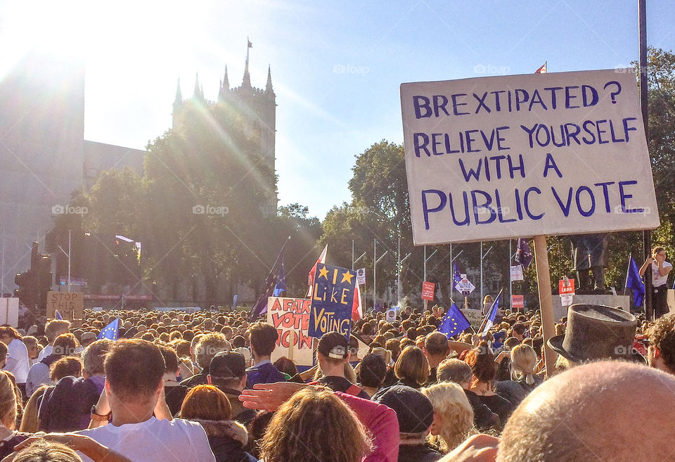 A crowd holding placards, in the blinding sun, protest against Brexit in Parliament Square, London. The People’s Vote March 20th October 2018