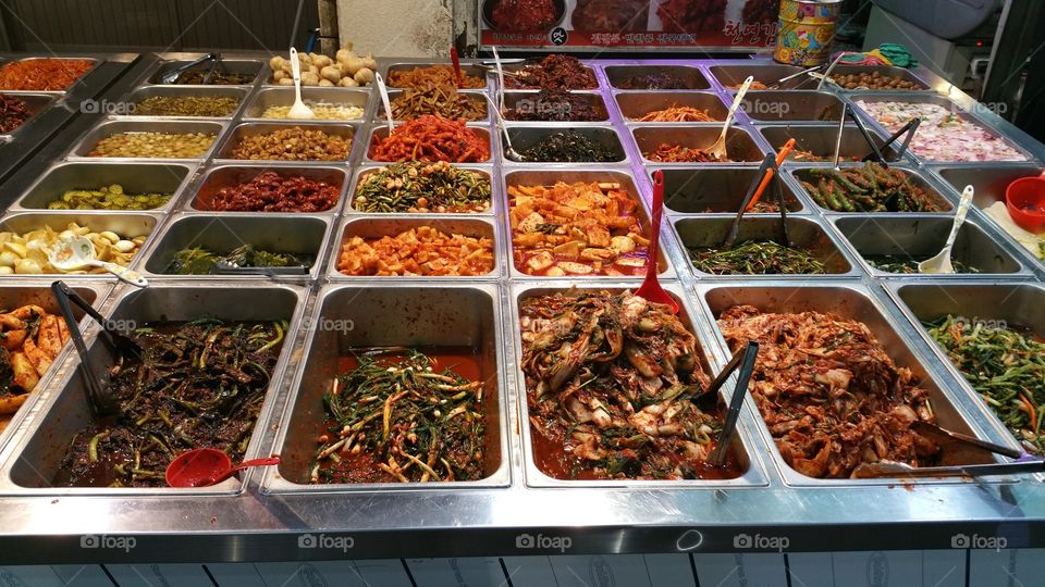Kimchi on sale at local store, Korean pickle food at traditional market on Jeju Island, South Korea.