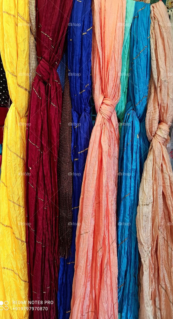 Beatiful Colours'  Scarfs on display for sale in a local market at Srinagar Kashmir J& K India...