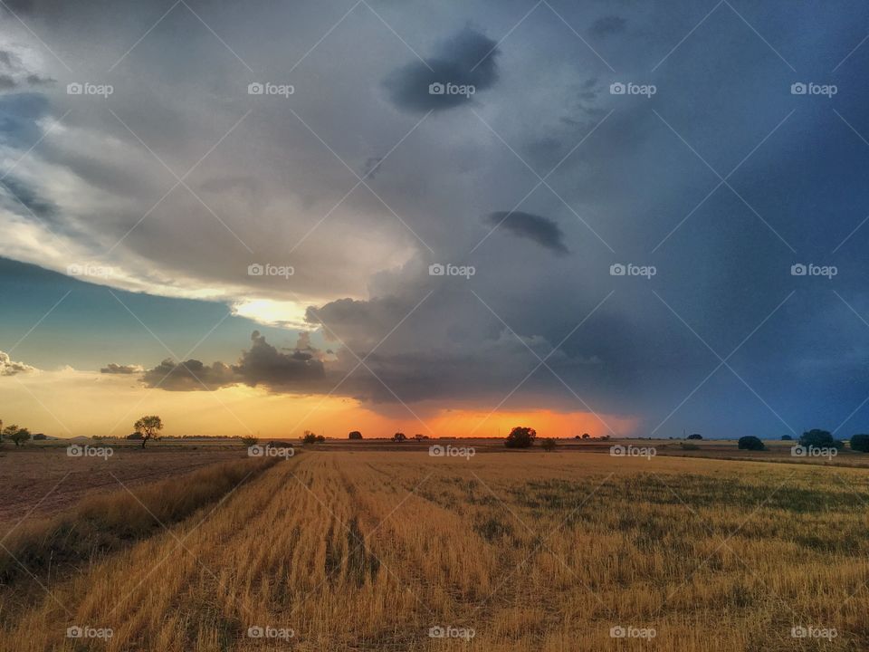 Scenic view of sunset and dramatic sky over field