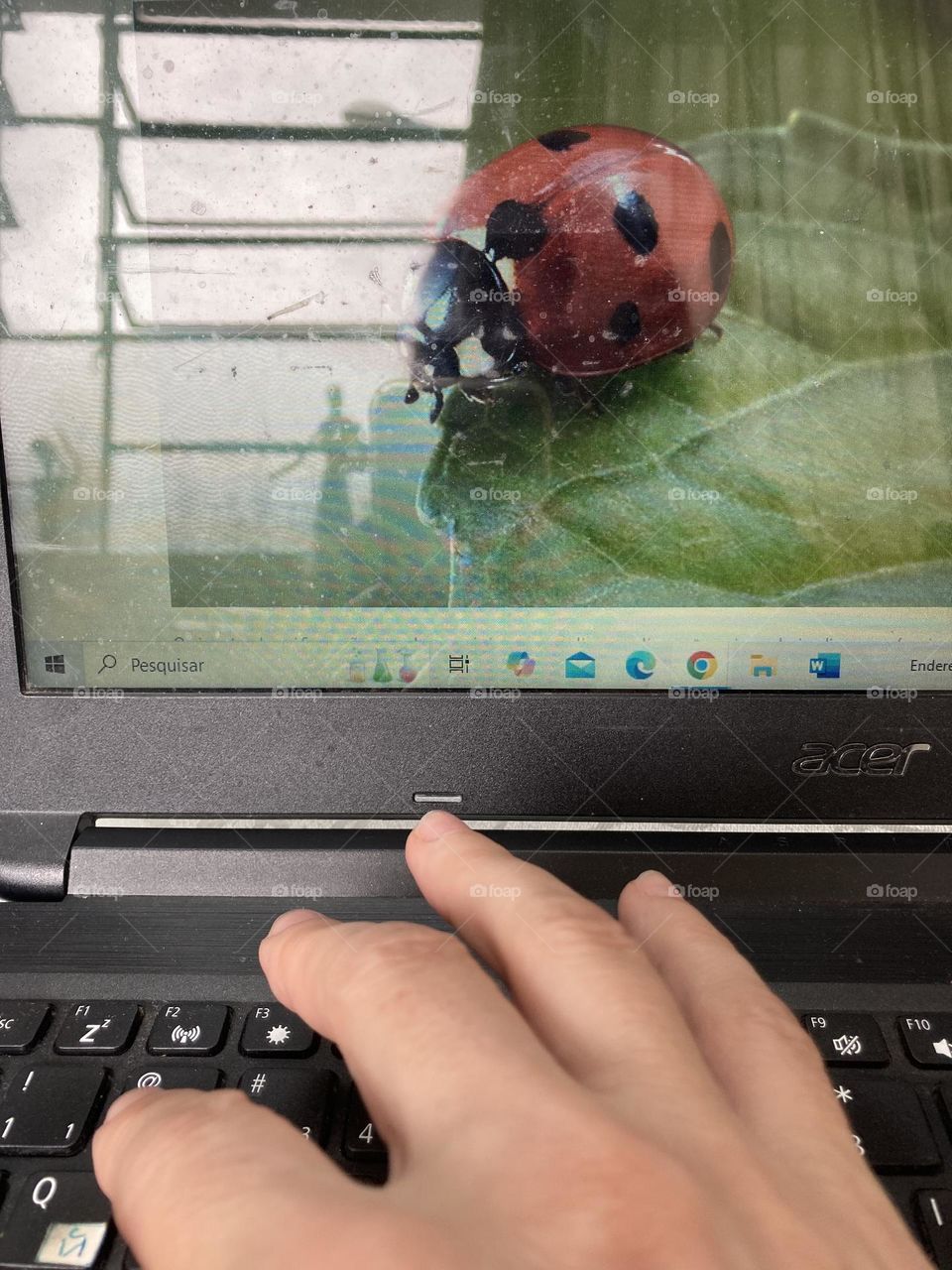 Anoitecer com uso das tecnologias para passatempo e diversão. Mão teclando, ao fundo janela simples.