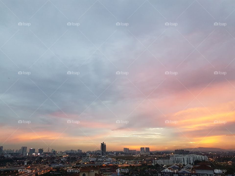Breathtaking colorful sunset view of Johor Bahru cityscape in Malaysia
