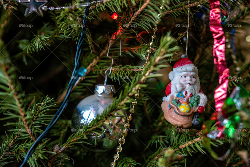Various colorful Christmas decorations hanged spruce branches