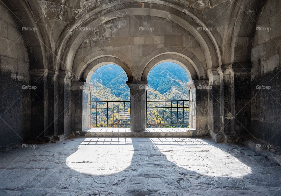 Beautiful mountain scape at cave town of Georgia, Vardzia cave monastery