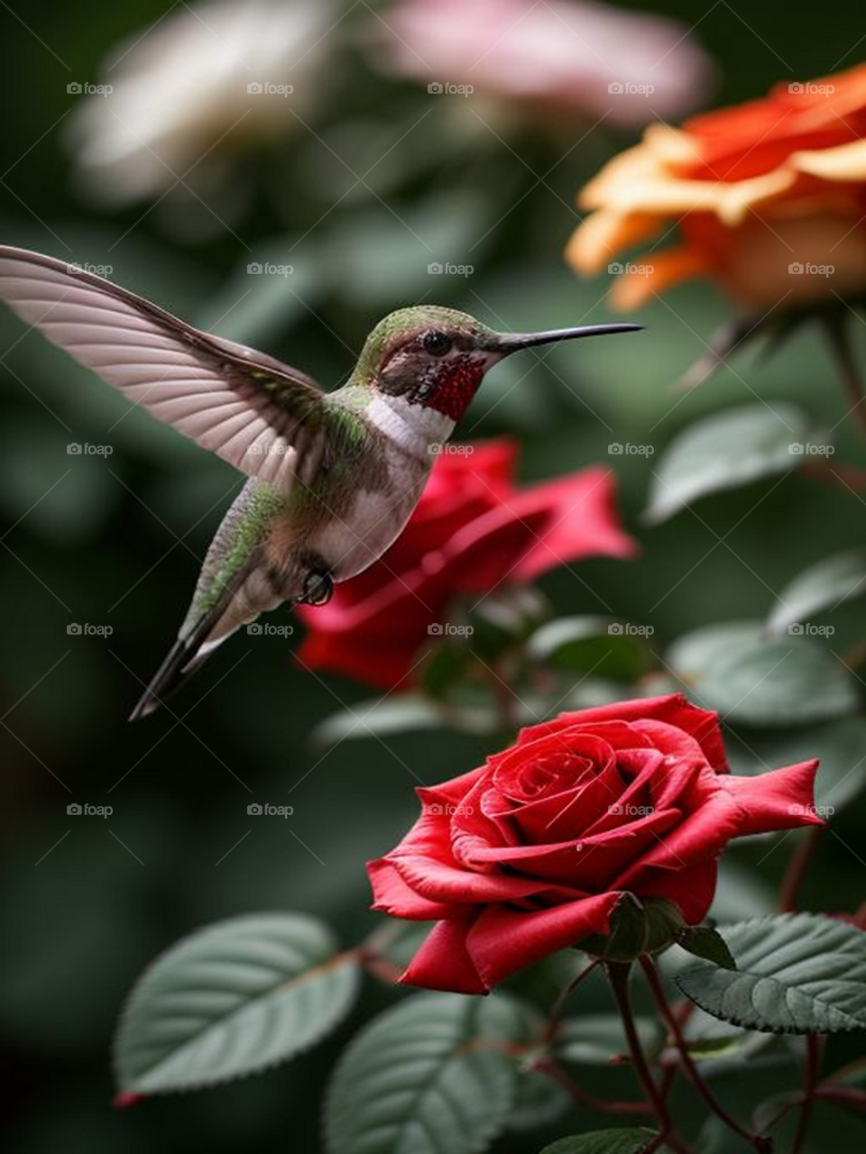 Hummingbird fluttering among roses