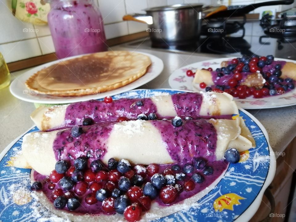 Pancakes, berries, breakfast