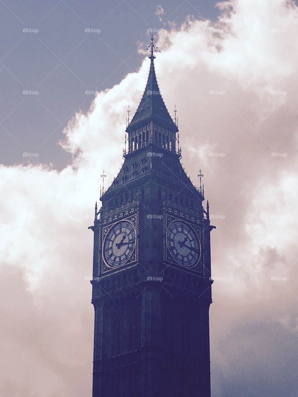 An edited picture of the top part of Big Ben clock tower in London 