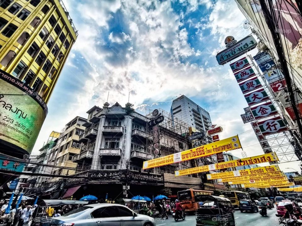 A panoramic view of Yaowarat (Chinatown) in Bangkok, Thailand. This is certainly one of the busiest places in the city but one of the best for exploring and finding amazing street food!