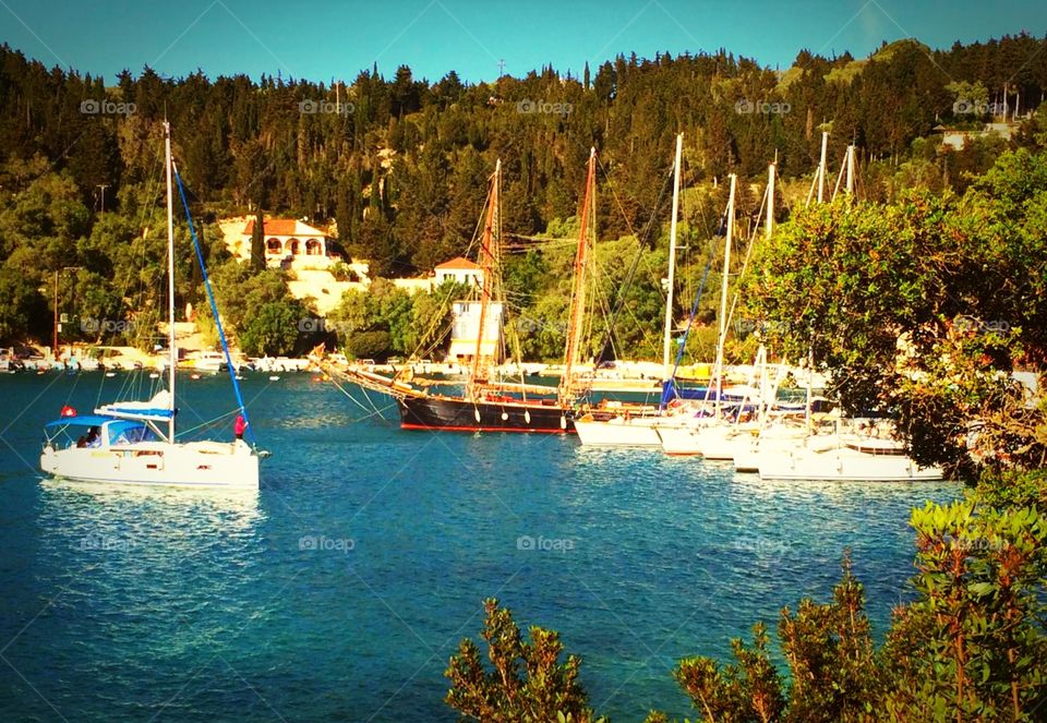 Boats Moored in a Bay in Paxos, Greece