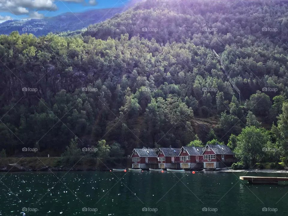 Cabins on a mountain lake