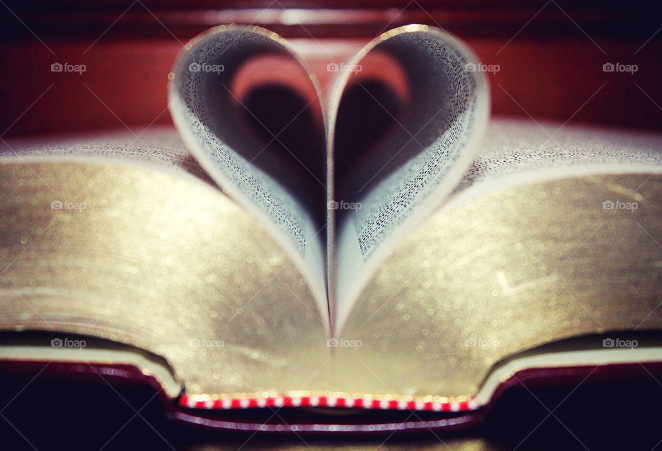 Pages of a book curved into a heart shape