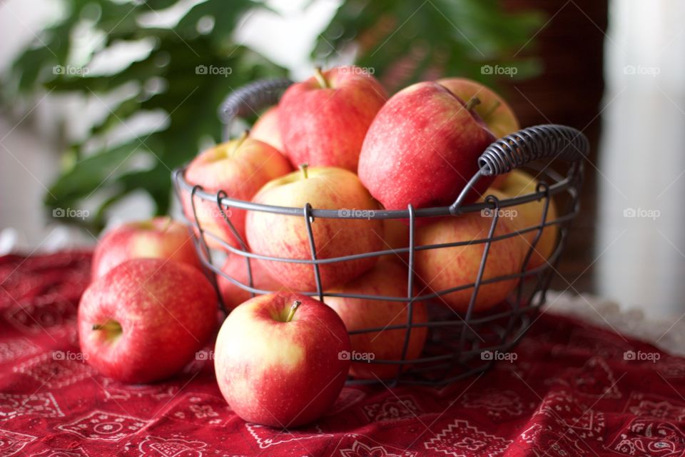 Fruits - apples in a wire basket on red bandana print fabric