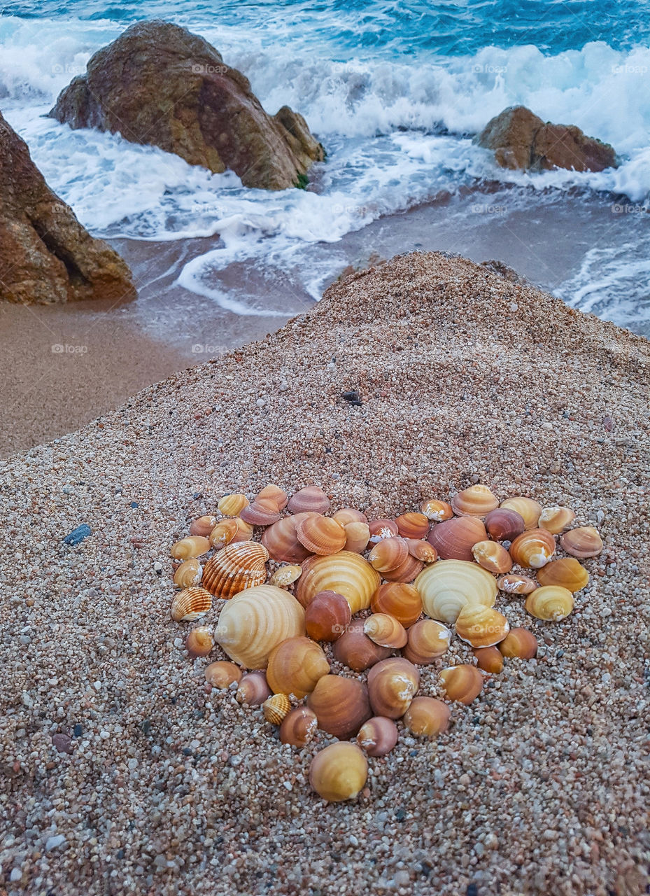 shell heart on the beach of calella near barcelona, catalonia