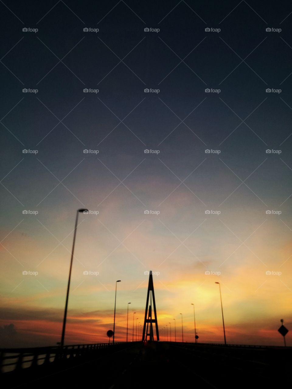 sunset, sky, evening, brightness, bridge, panorama, urban, modern, road,