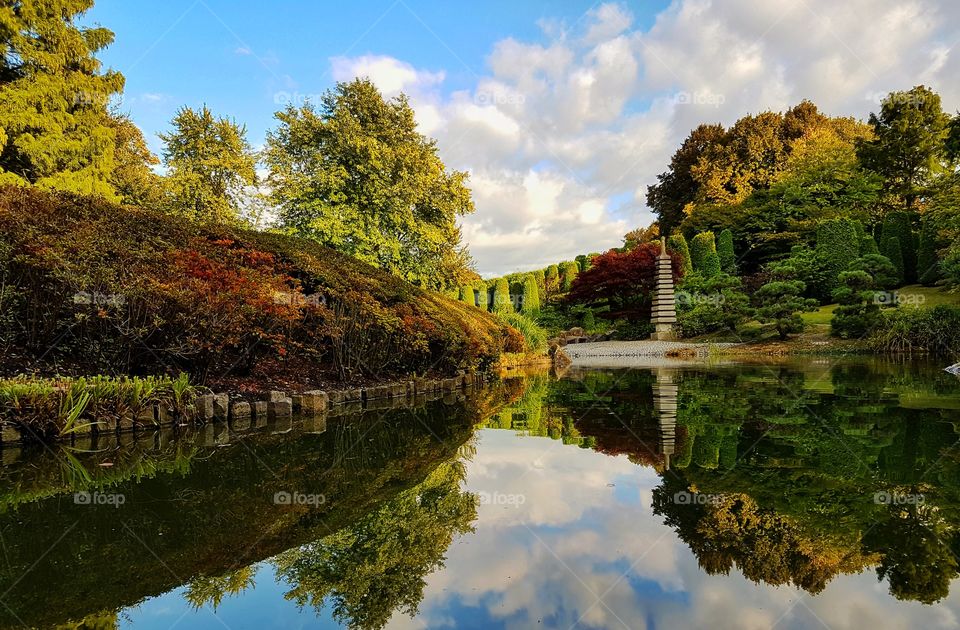 Beautiful reflection of the landscape and the sky in the pond of a Japanese garden in the Rheinaue public park in Bonn, Germany.