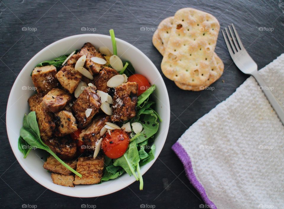 High angle view of salad with tempeh