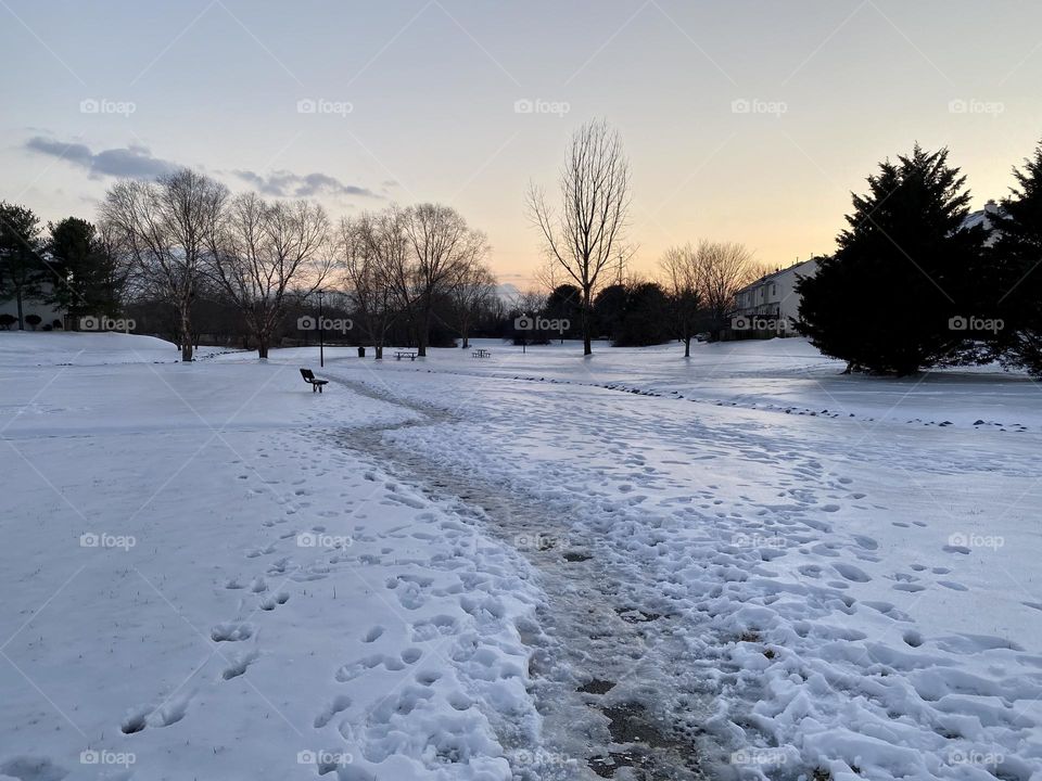 A path thru an ice and snow covered field 