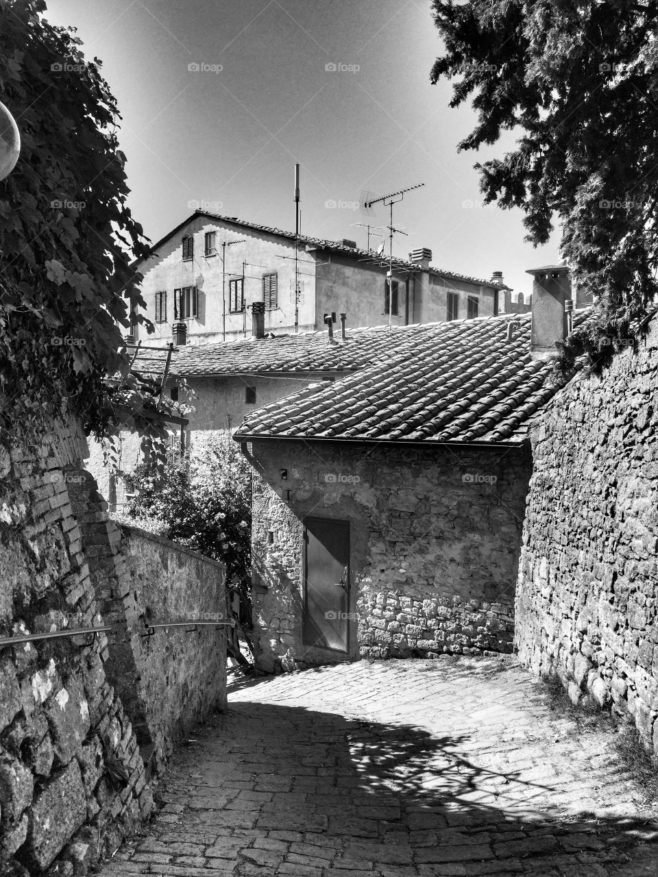 Volterra. Black and white picture of a road in Volterra,Tuscany 