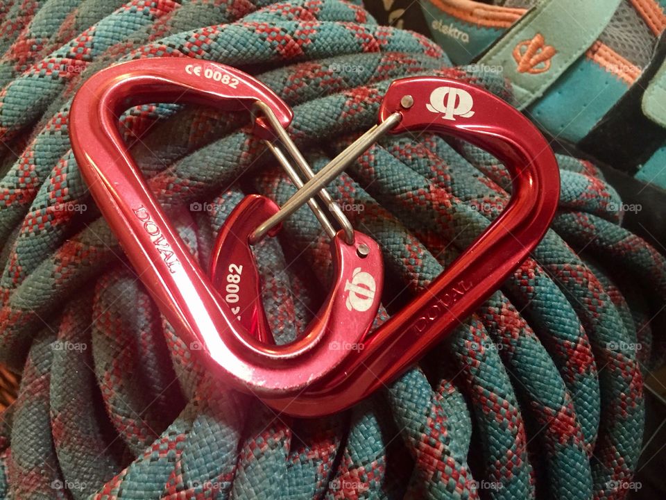 Rock climbing love with carabiners. Omega Pacific carabiners, sterling rope, and evolv climbing shoes.