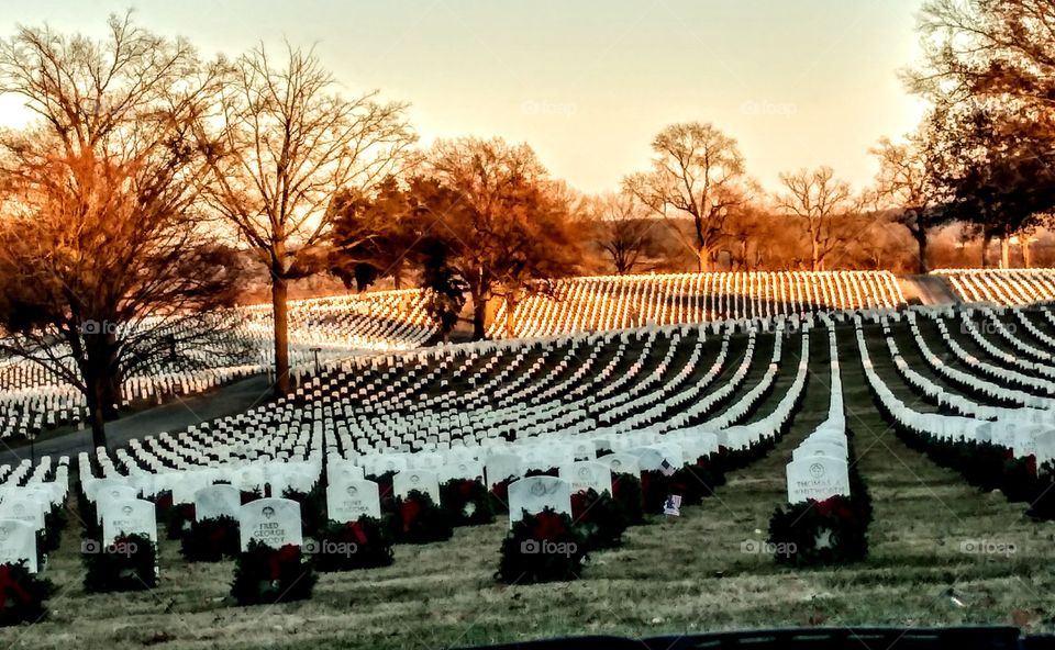 military graveyard at sunset