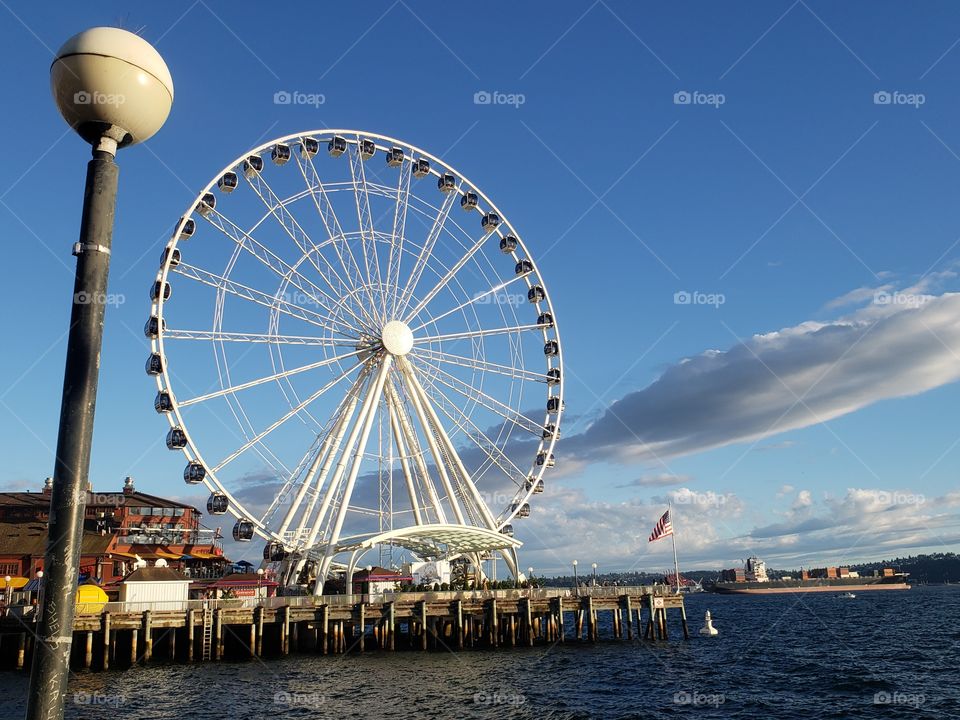 seattle view, pier, ferris wheel
