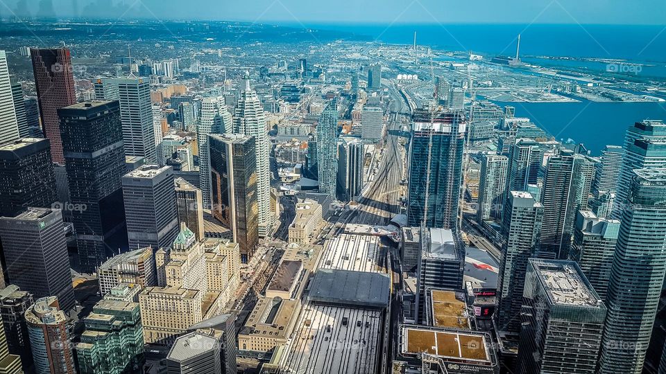 View of a big city from a bird's fly height