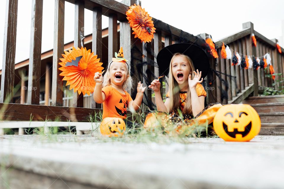 Kids celebrating Halloween outdoor 