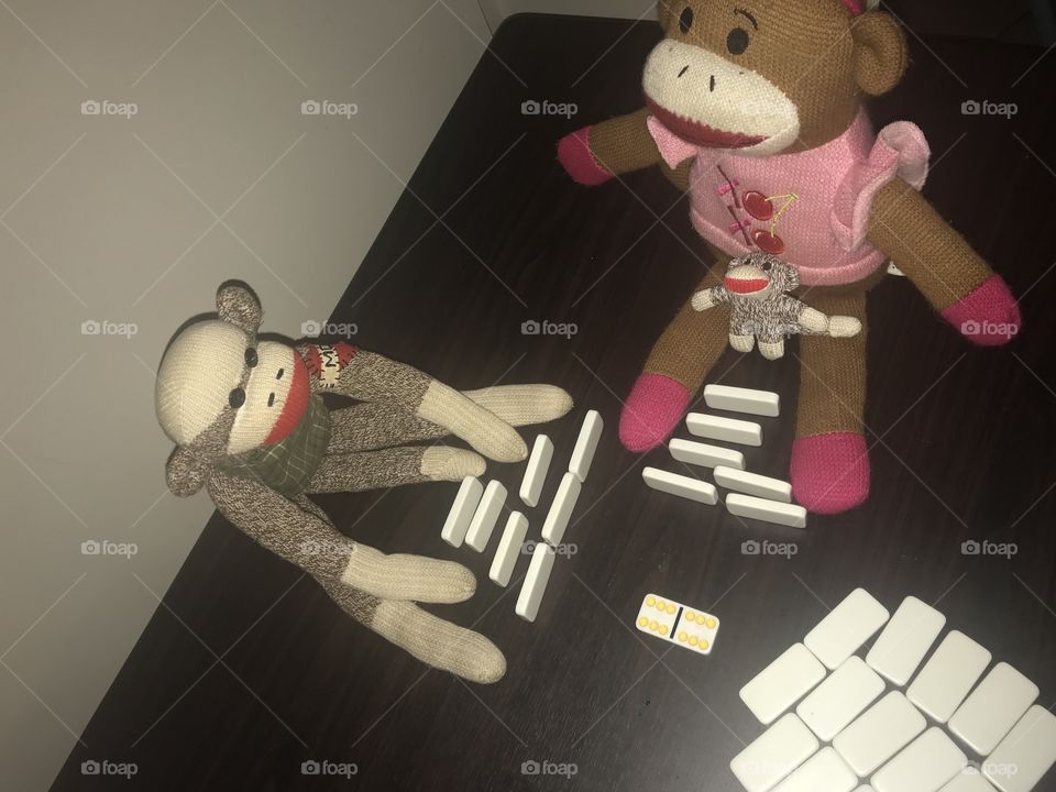 My sock monkeys are human, lets play dominos.