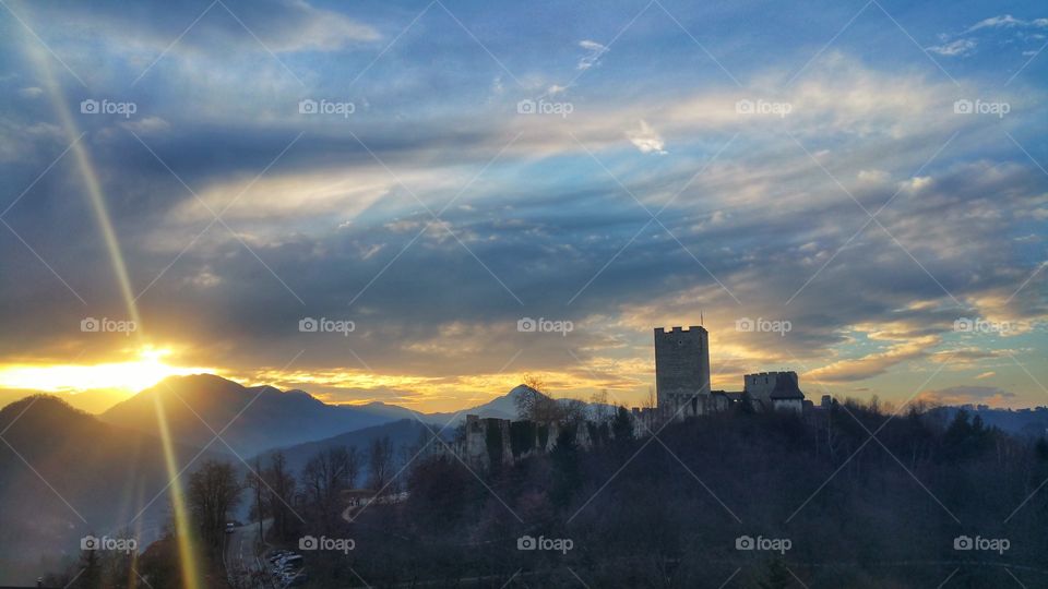 Winter sunset over Celje castle.