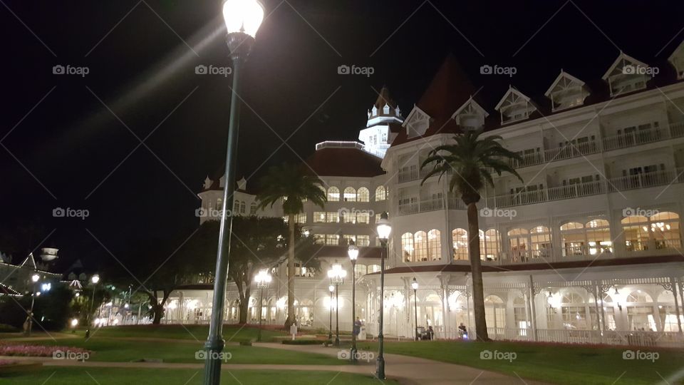 Night has fallen at the Grand Floridian Resort and Spa at the Walt Disney World Resort in Orlando, Florida.