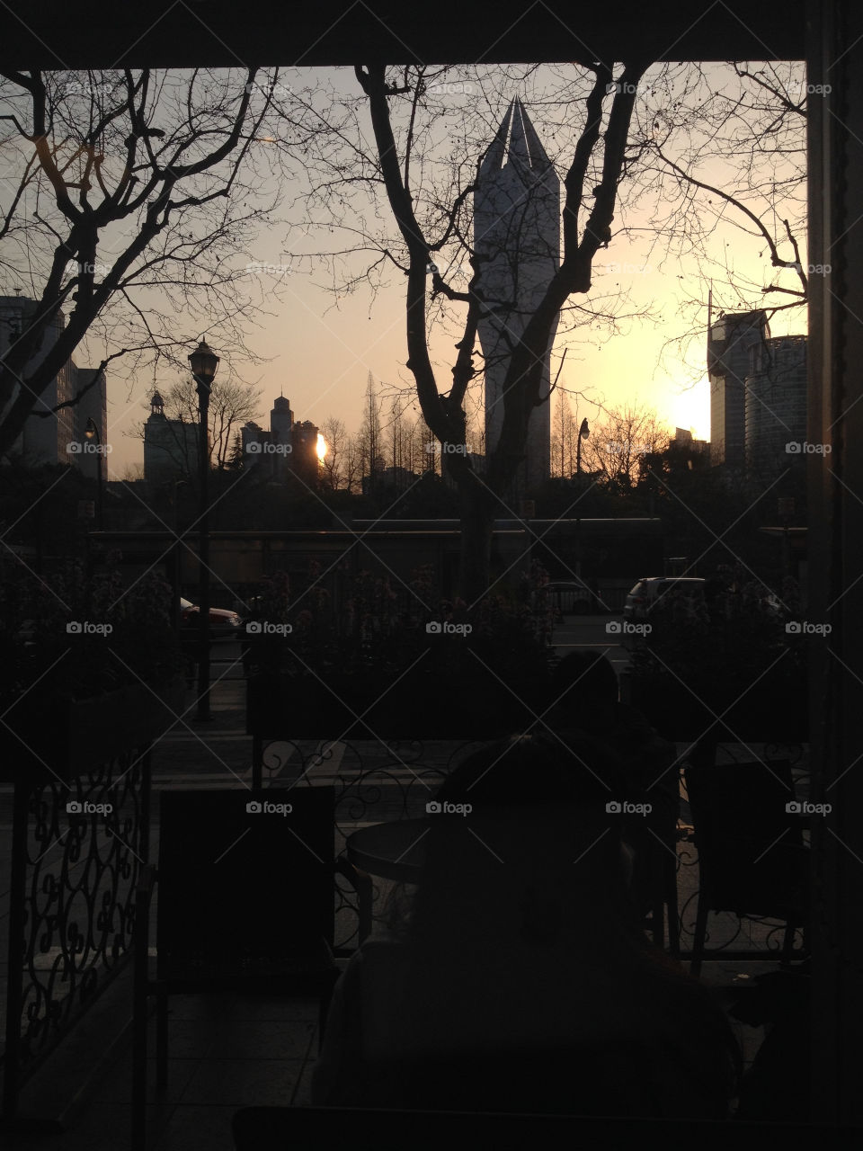 Sunset in Shanghai city center and shadows