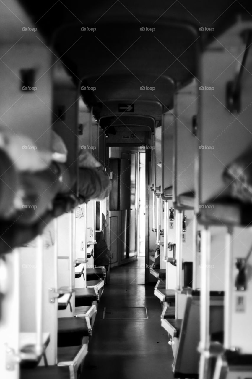 Empty reserved seat car in a train before boarding passengers