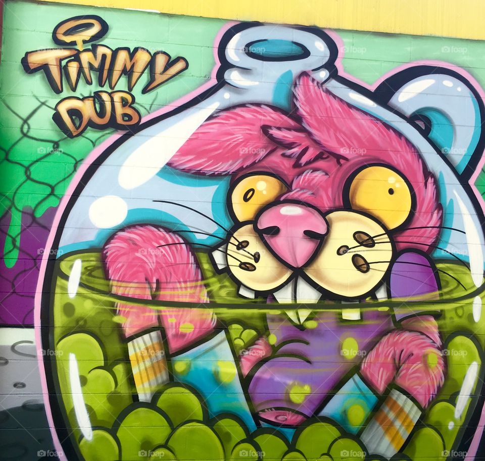 Pink rabbit street art by Timmy Dub