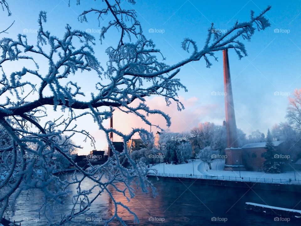 A view to a city through Frozen tree branches 