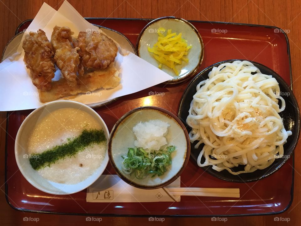 Traditional Japanese food . Picture made in a small traditional restaurant of Kyoto, famous for their cold Udon noodles. 