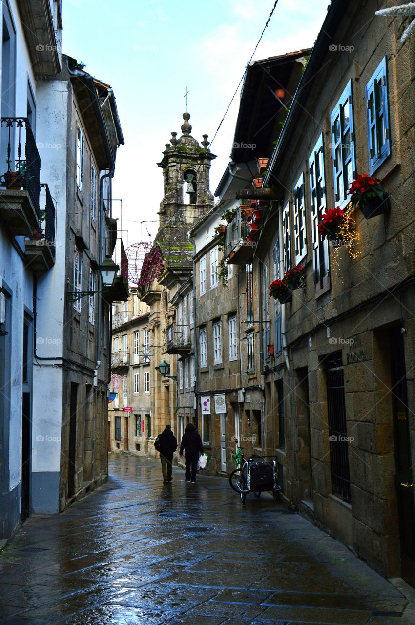 One of the many narrow streets in Santiago de Compostela, Galicia, Spain.